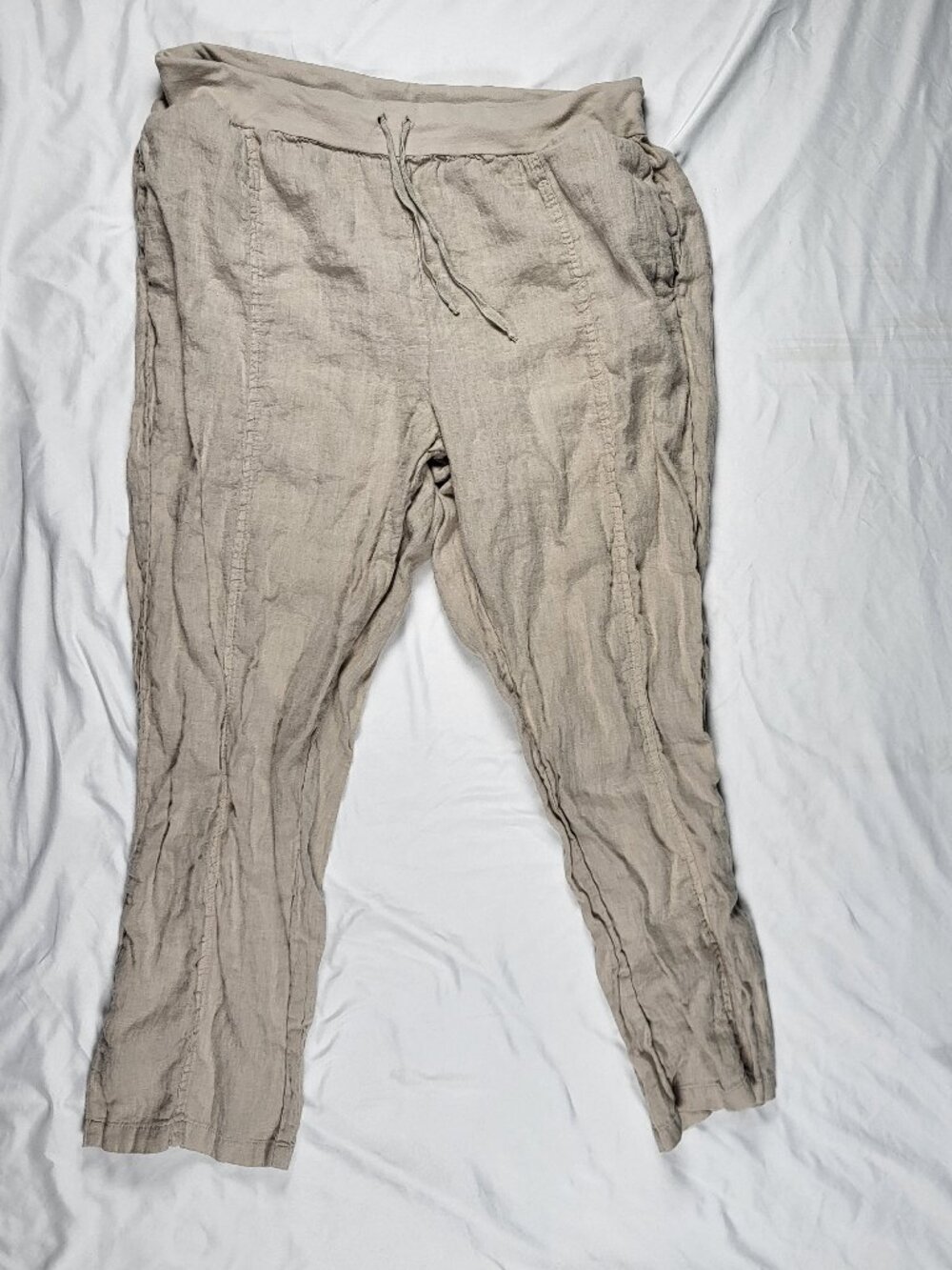 Flax Pants Women's Medium Linen Drawstring Pockets Neutral Bohemian Beach
